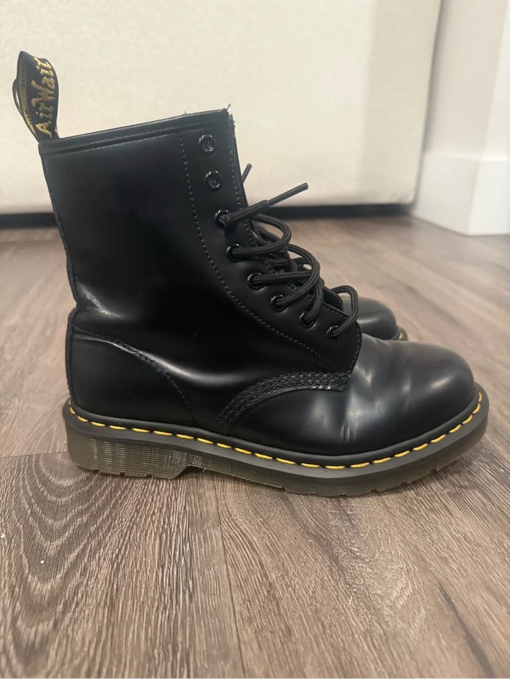 Dr. Martens Black Leather Lace-Up Combat Boots with Yellow Stitching